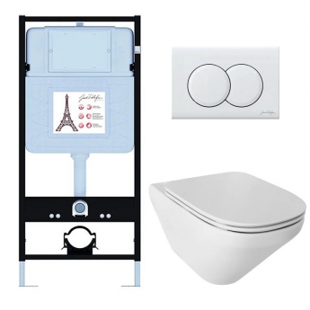 Инсталляция JACOB DELAFON E21775RU-00, с безободковым унитазом MODERN LIFE, сиденье с микролифтом, клавиша белый глянцевый